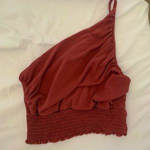 Urban Outfitters Melendez Small One-Shoulder Smocked Crop Top